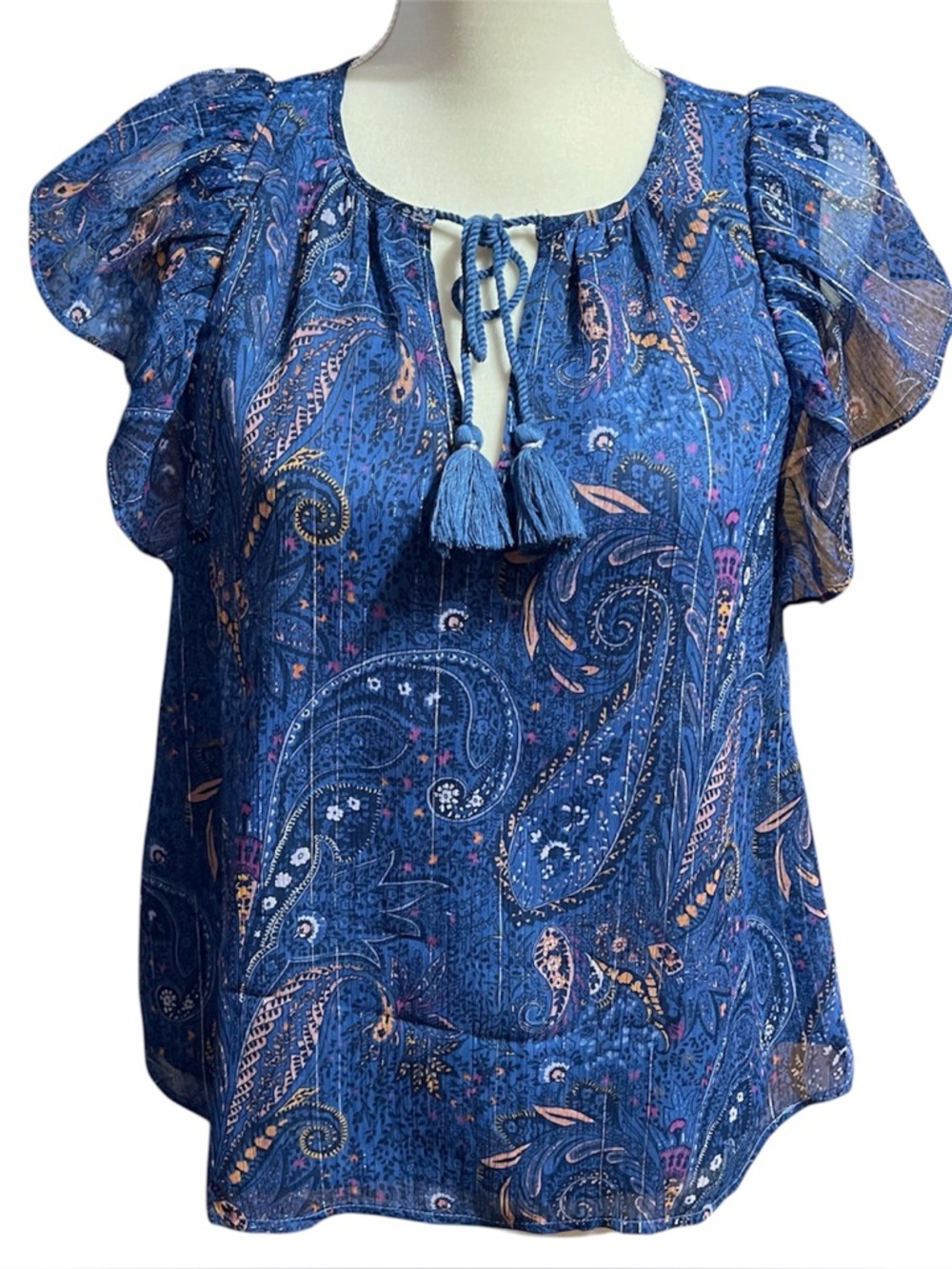 Lucky Brand Womens Paisley Tassel Blouse Flutter Sleeve Blue Sz Small Fairy Boho